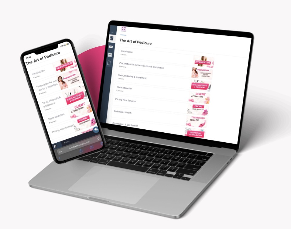 The KOVA Nails Education course platform on laptop and phone