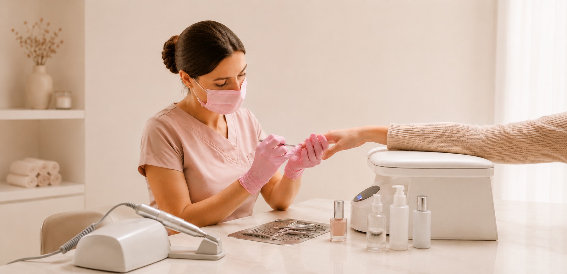 A KOVA nail technician performing precision e-file work