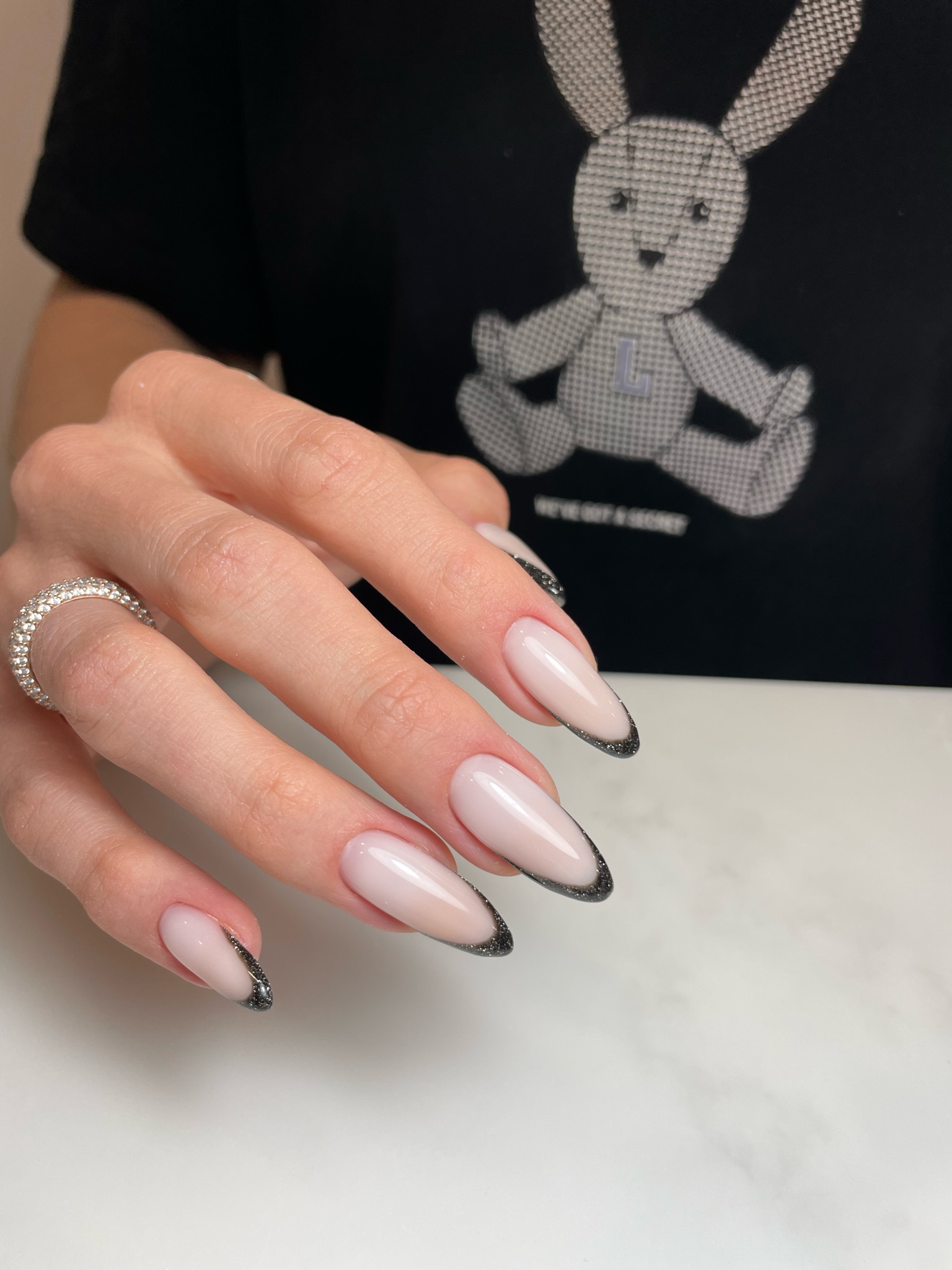 Sculpted gel extensions, glitter-tip finish