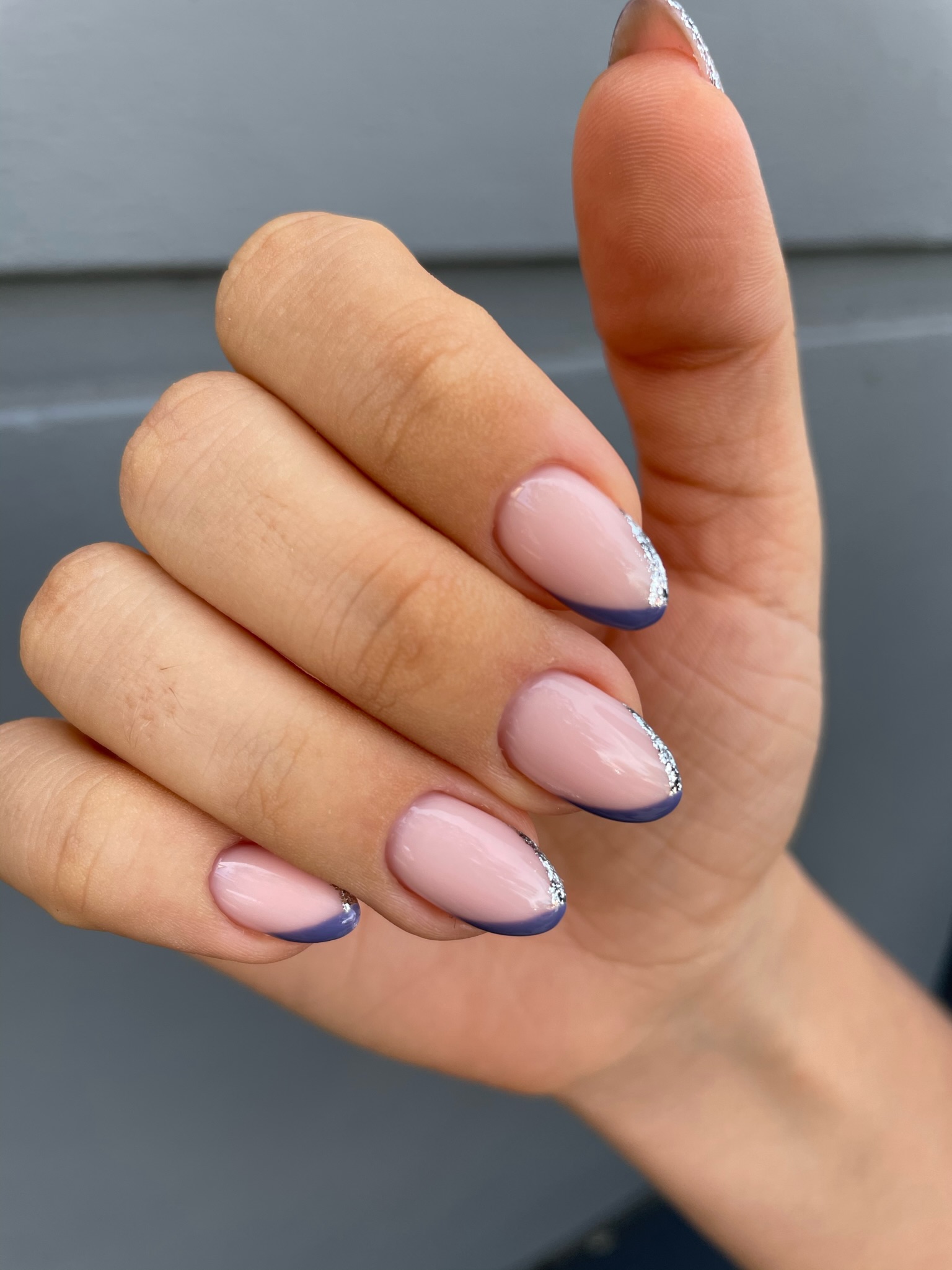 Lilac french manicure with glitter edge