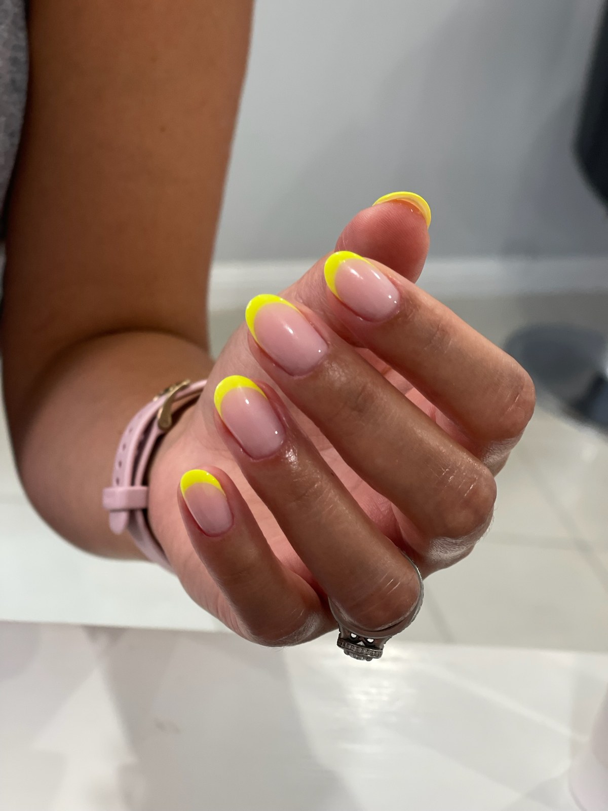 Neon yellow french tip manicure, glossy finish