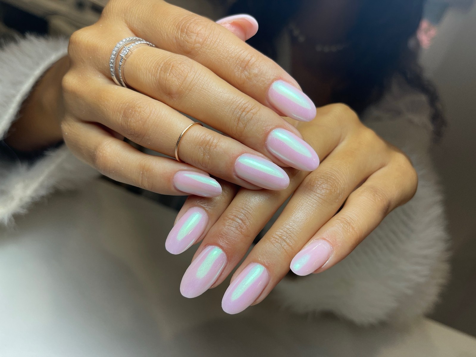 Iridescent mermaid-shimmer chrome nail art