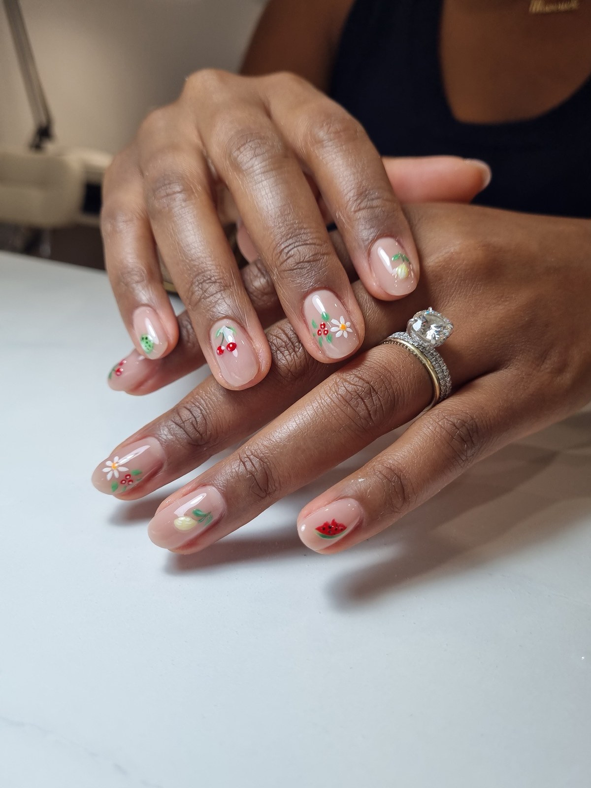 Hand-painted fruit nail art: cherries, watermelon, kiwi and lemon