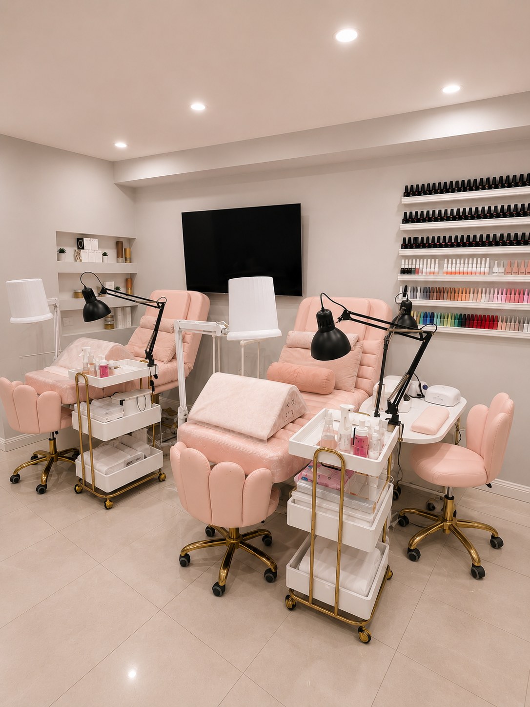 Pink pedicure chairs and nail polish wall display