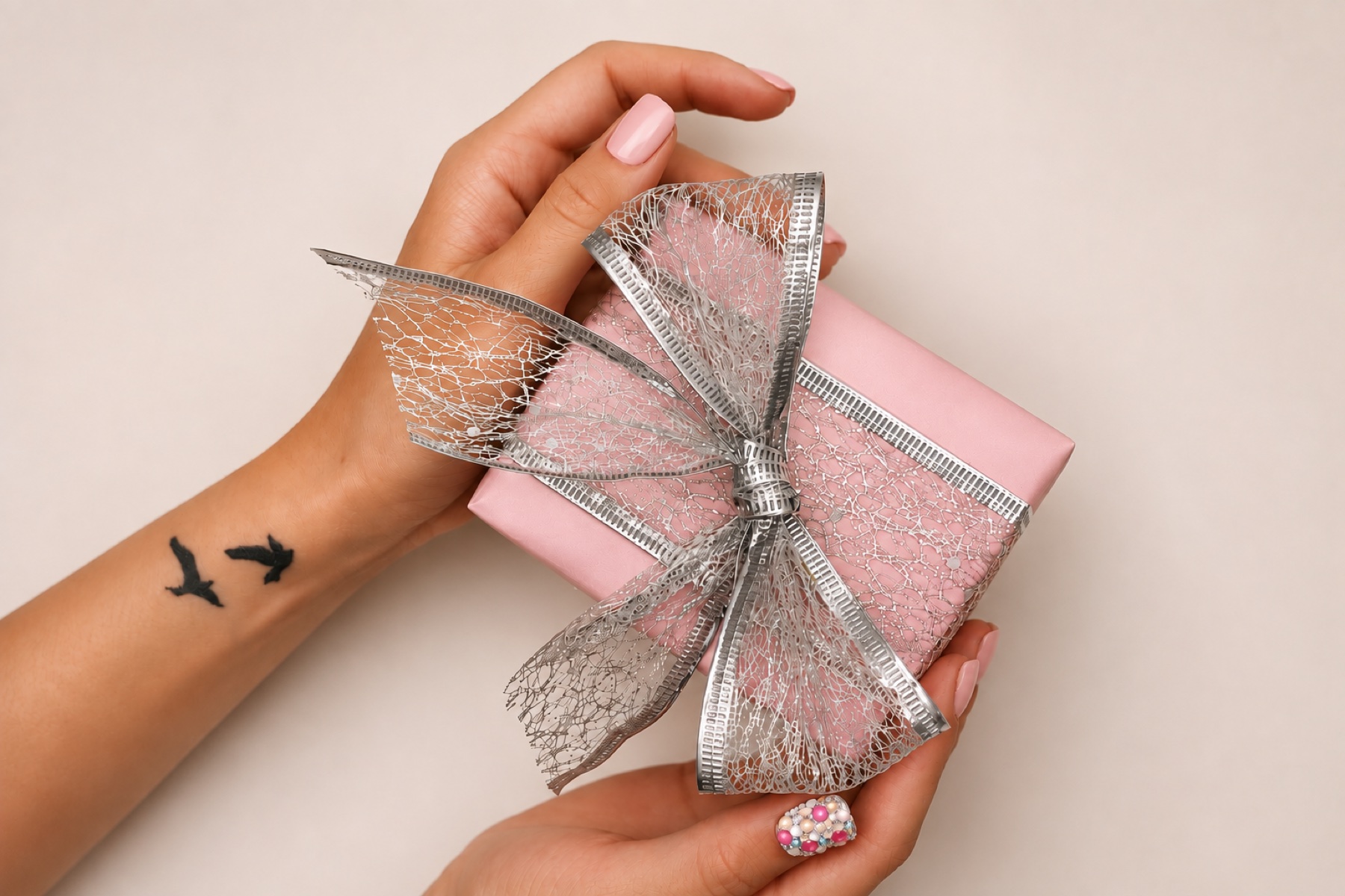 A wrapped gift box, hand-tied with a silver bow